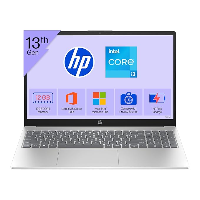 HP 15 Laptop: 13th Gen Intel Core i3-1315U, 12GB DDR4 RAM, 512GB SSD, 15.6-inch FHD Display (Silver)
