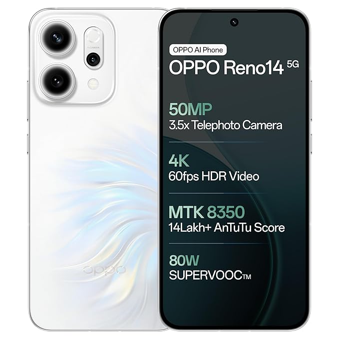 OPPO Reno14 5G (Pearl White, 8GB RAM, 256GB Storage) - Certified Refurbished | 50MP Telephoto Portrait Camera | 6000mAh Massive Battery
